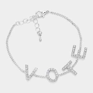 Silver VOTE Word Simple Rhinestone Crystal Pendant Message Chain Bracelet